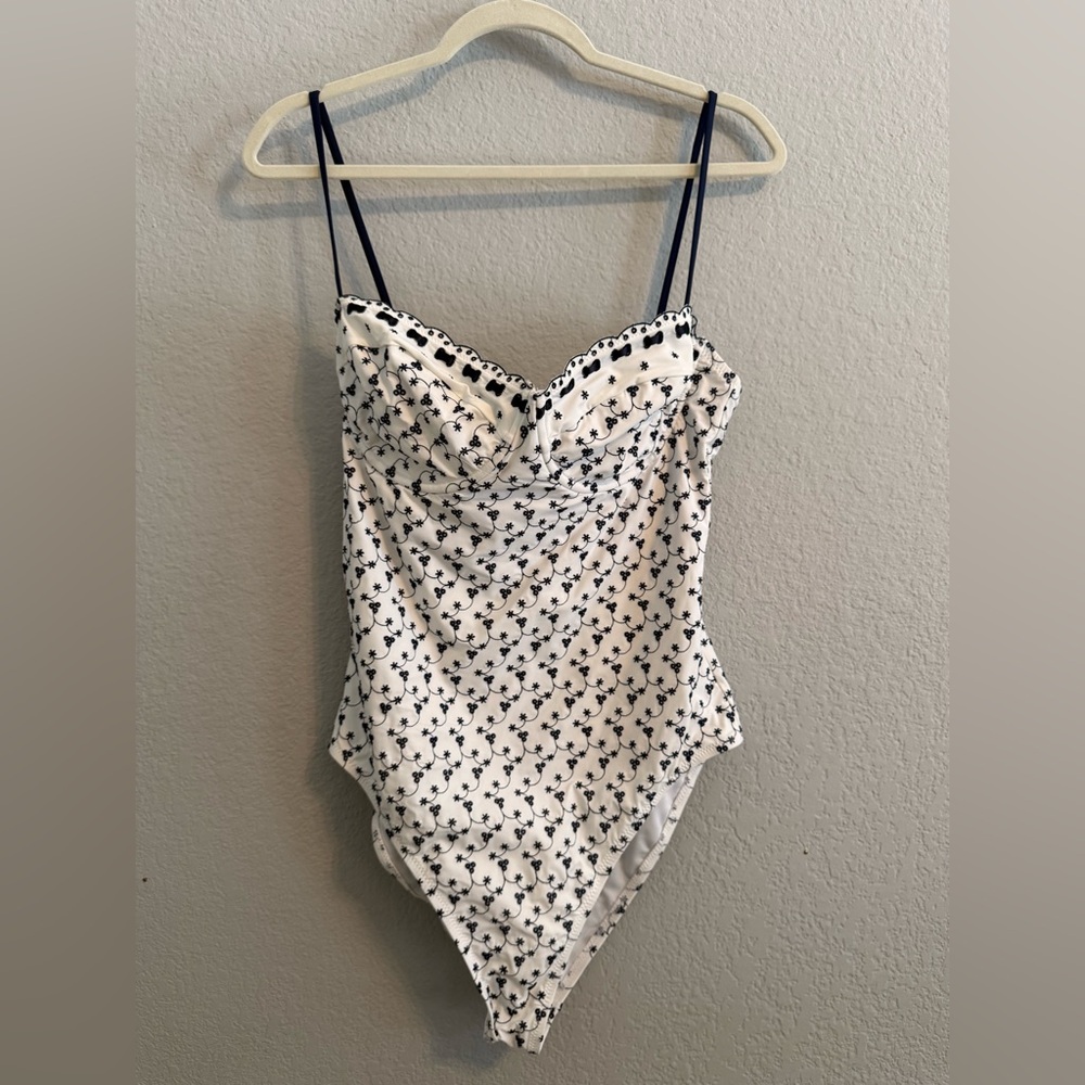 J.Crew Navy & White Embroidered One Piece Swimsuit Size 14